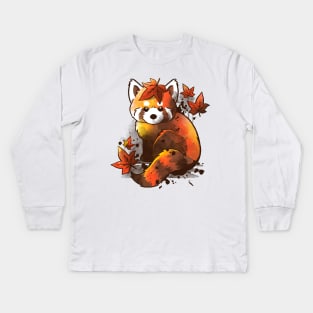 Red panda red leaves Kids Long Sleeve T-Shirt